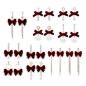 Popular Fall Winter New Year's Wine Red Earrings Hairball Pearl Earrings Vintage Flocked Bow Tassel Earrings Gifts for Women