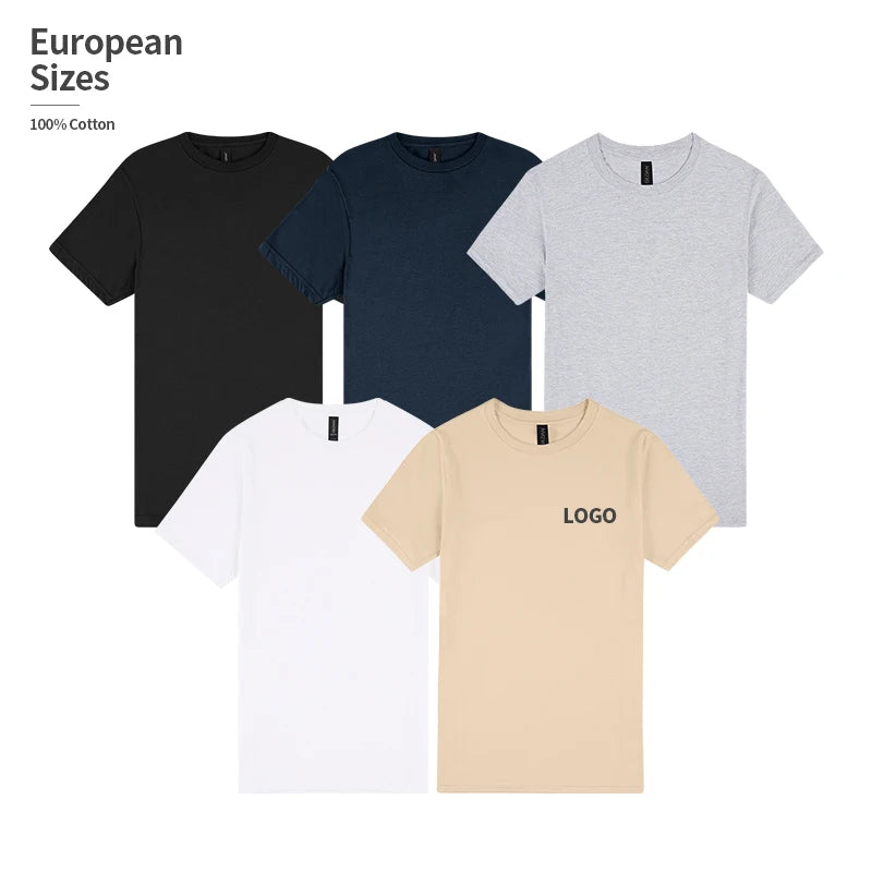 European Plus Size 100% Cotton T-Shirt 150 GSM Lightweight Breathable Soft Crew Neck Short Sleeve Solid Pattern Fitted Digital
