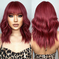 Factory Fast Delivery Wine Red Short Bob Synthetic Wigs with Bang Natural Wavy Burgundy Hair Wig for Women Daily Cosplay