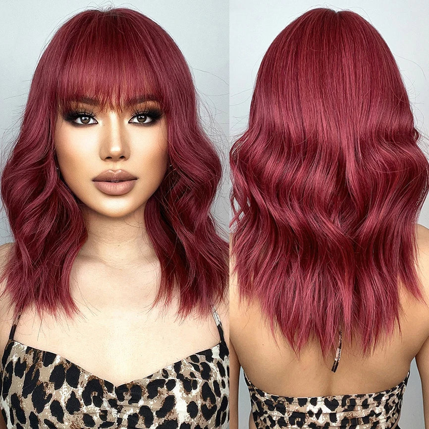 Factory Fast Delivery Wine Red Short Bob Synthetic Wigs with Bang Natural Wavy Burgundy Hair Wig for Women Daily Cosplay