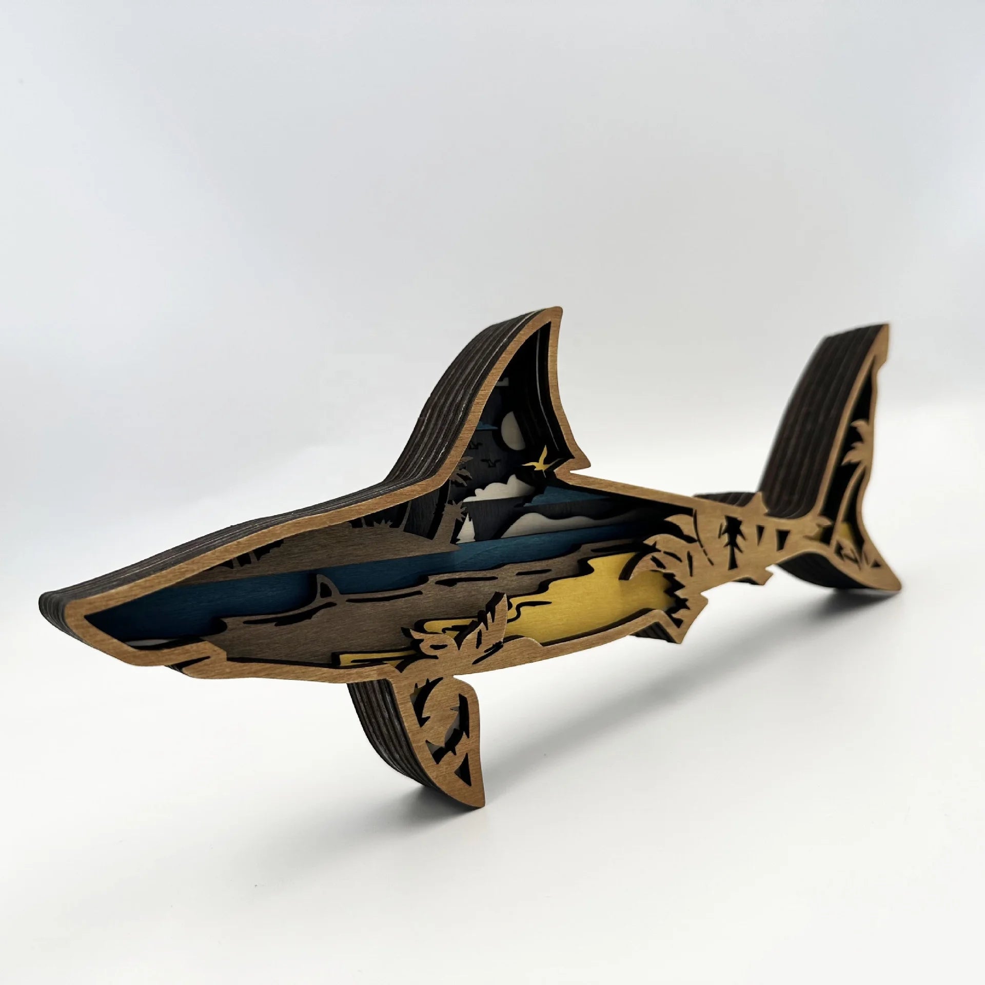 Hot Sale 3D Multi-layer Wooden Carving Animal Ornaments Christmas Home Decor 3D Wall Art Wooden Carved Shark Sea Animal Crafts