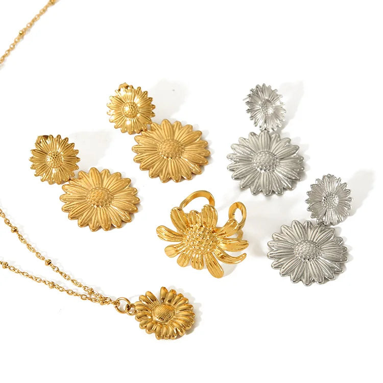 New Designs 18K PVD Gold Filled Sunflower Necklace Earrings Rings Jewelry Set Waterproof Tarnish Free Dainty Jewelry