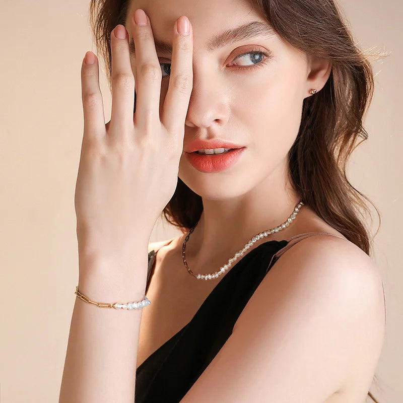 925 Silver Paperclip Chain Fashion Real S925 Sterling Silver Paperclip Chain White Natural Freshwater Seed Pearl Choker Necklace