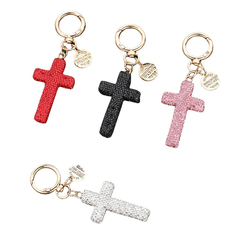 Factory wholesale crystal Diamond Rhinestones Luxury Bling glitter christian jesus pink cross keychain for Women bag Purse Charm
