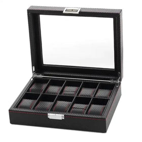 10 Slot Professional Black Leather Carbon Fiber Pu Wrist Watch Organizer Display Storage Box With Red Sewing