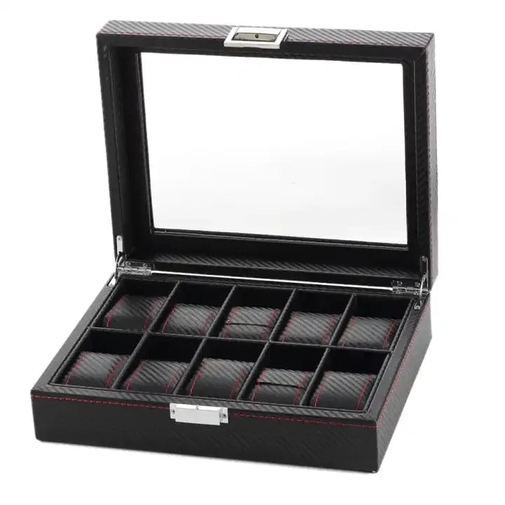 10 Slot Professional Black Leather Carbon Fiber Pu Wrist Watch Organizer Display Storage Box With Red Sewing