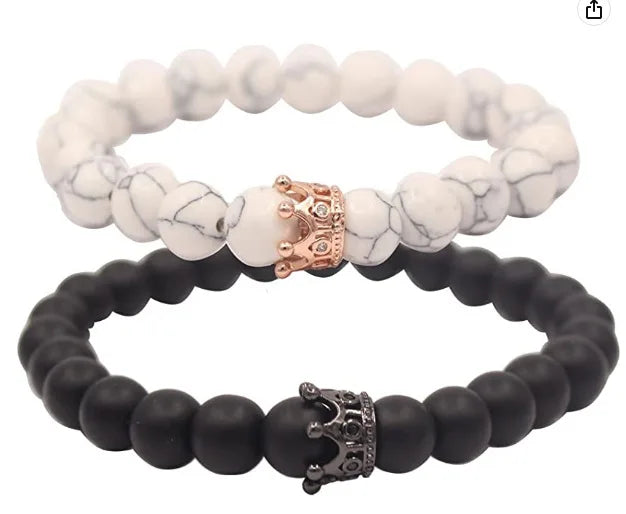 HOVANCI Couple Bracelet Miss You Adjustable Bracelet for Couple Love Onyx Beads Crown Bracelet Set