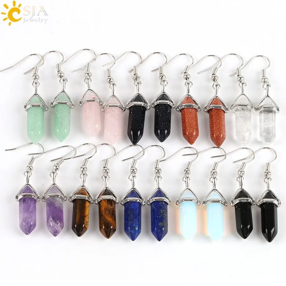CSJA Hot Natural Hexagonal Stone Earrings Quartz Bullet Shaped Healing Point Dangle Fishhook Earring Wholesale E086