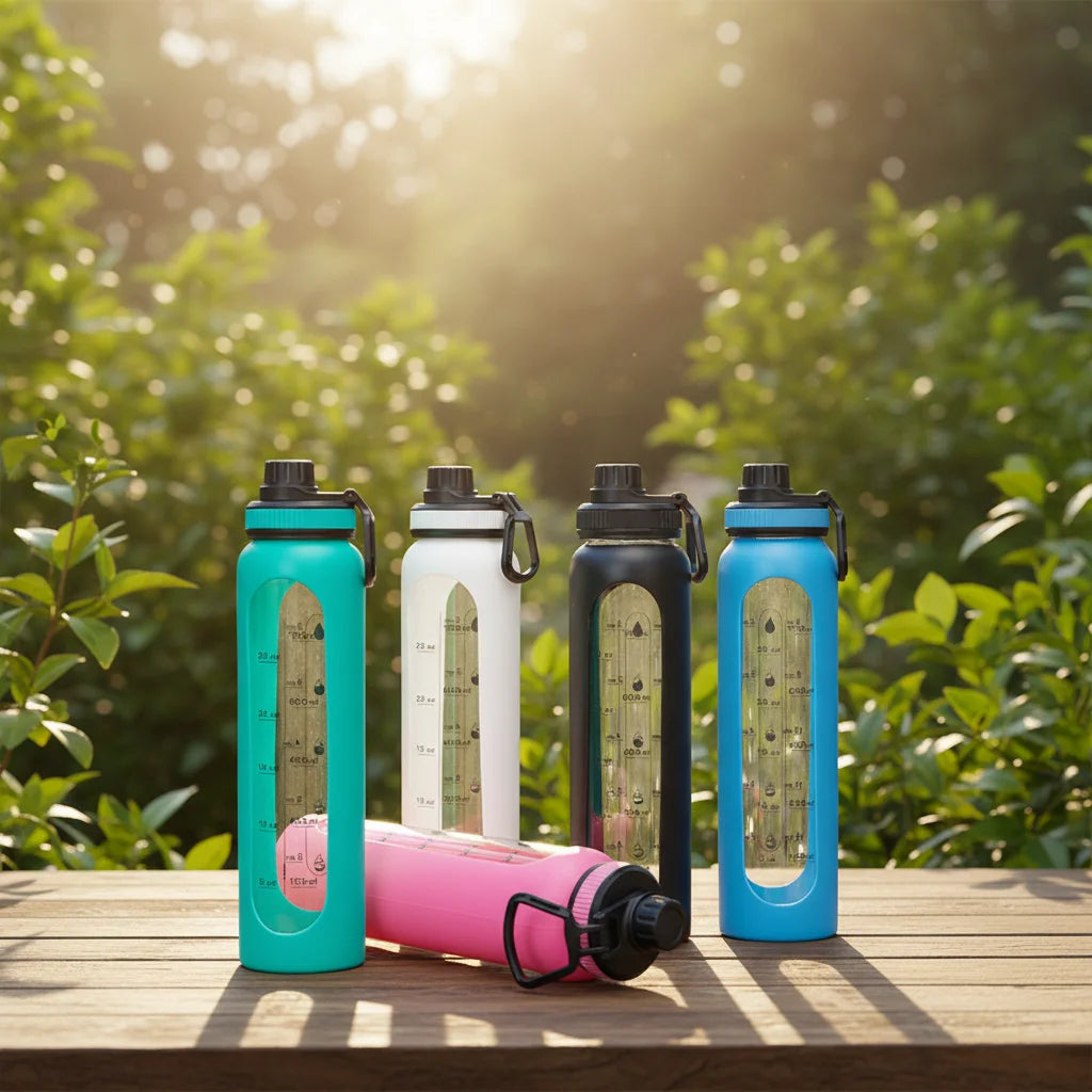 PSC 1L Black Leakage Proof Wide Mouth Modern Time Reminder Borosilicate Glass Travel Mug with Flip Top Lid