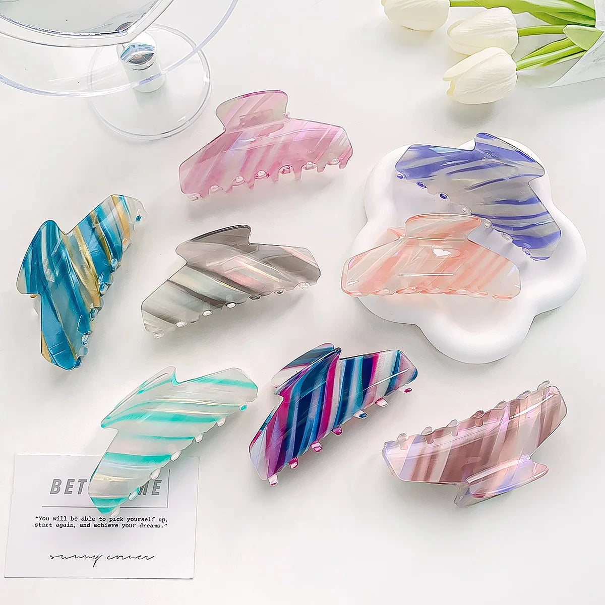Custom Tag Women Girls Xl 10.5cm Large Dolphin Thick Hair Clamp Clips Claws Cellulose Acetate Stripe Hair Claw Clip With Stripes