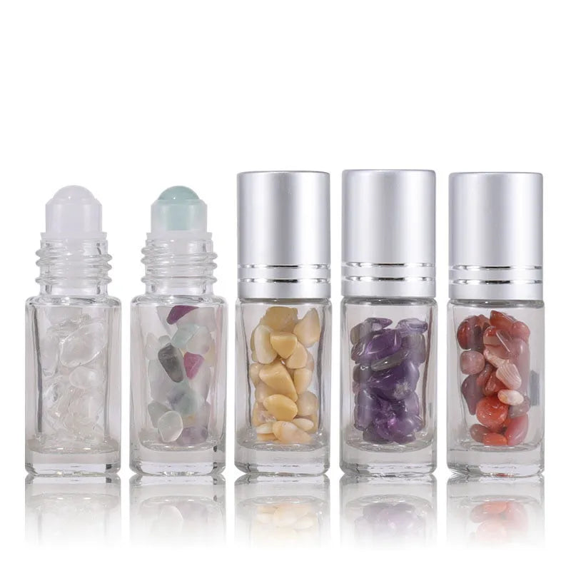 Roller Bottles 5 ml Clear Gemstone Roller Ball Glass Essential Oil Roll on Bottle With Crystal Chips Inside/matte Gold Cap