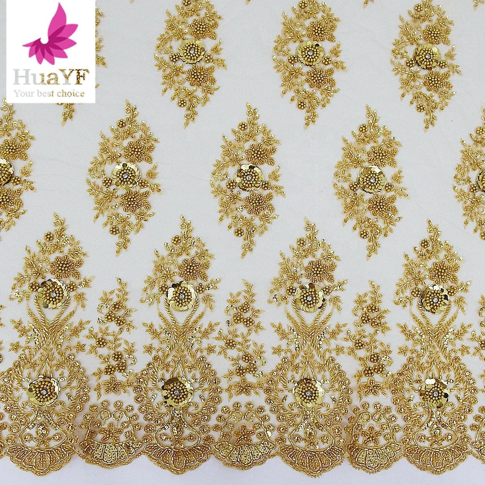 Same Border Luxury Gold Beads Lace Sequins Tulle Fabrics With Shiny Crystal for European Style Dress  HY2052