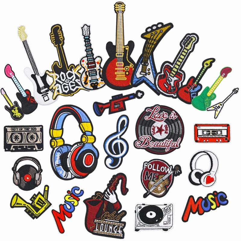 Hot Melt Adhesive Fabric Embroidered Guitar Bass Horn Patch for DIY Garment Decoration on Jeans Shoes Bags Hats Iron-On Style