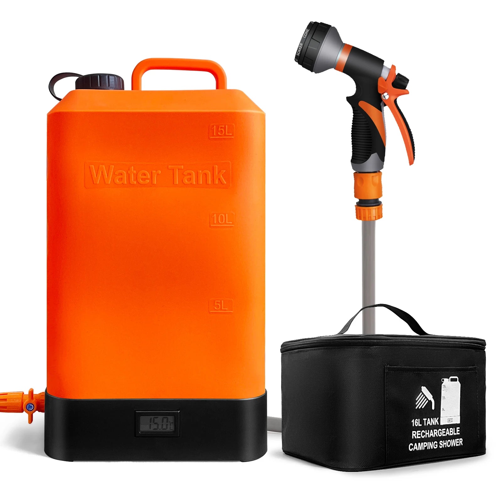 Portable Outdoor Shower 4.5 Gallon Silicone Water Tank Battery Powered and with Temperature Display Solar Heating Easy to Carry