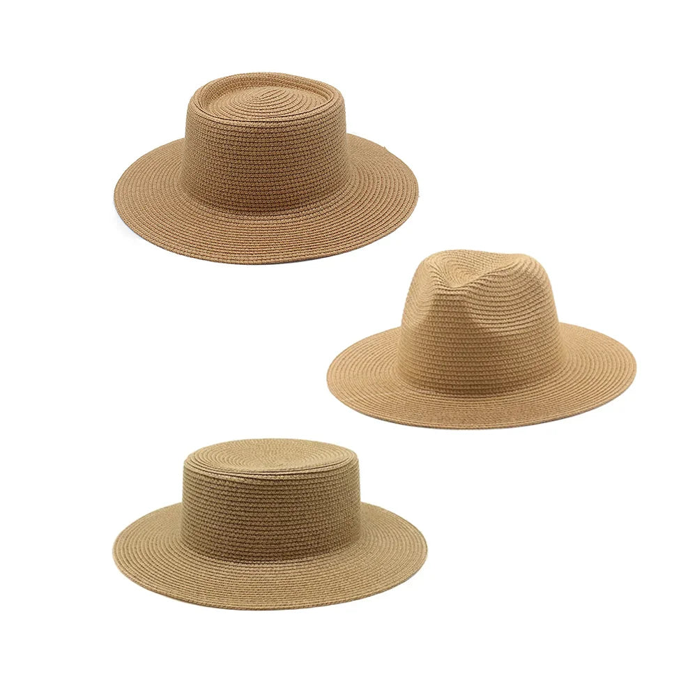 Wholesale Lady Boater Sun Hat Flat Top Straw Beach Hat Round Summer Sun Panama Hat Women
