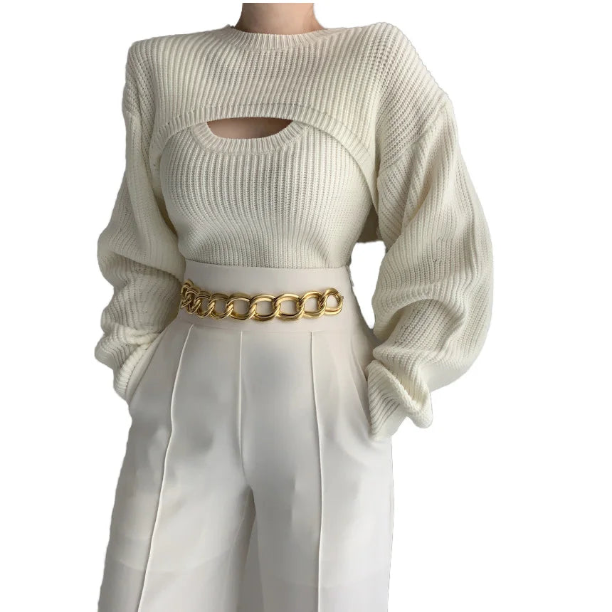 Wholesale 2 Piece Sweater Set Knit Vest Cardigan Set Long Sleeve Short Tops Autumn Winter Hollow Out Knitted Crop Top Sweater