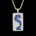 Iced Out Blue & White CZ Dog Tag Statement Jewelry Brass Hip Hop Pendant Charm for Men