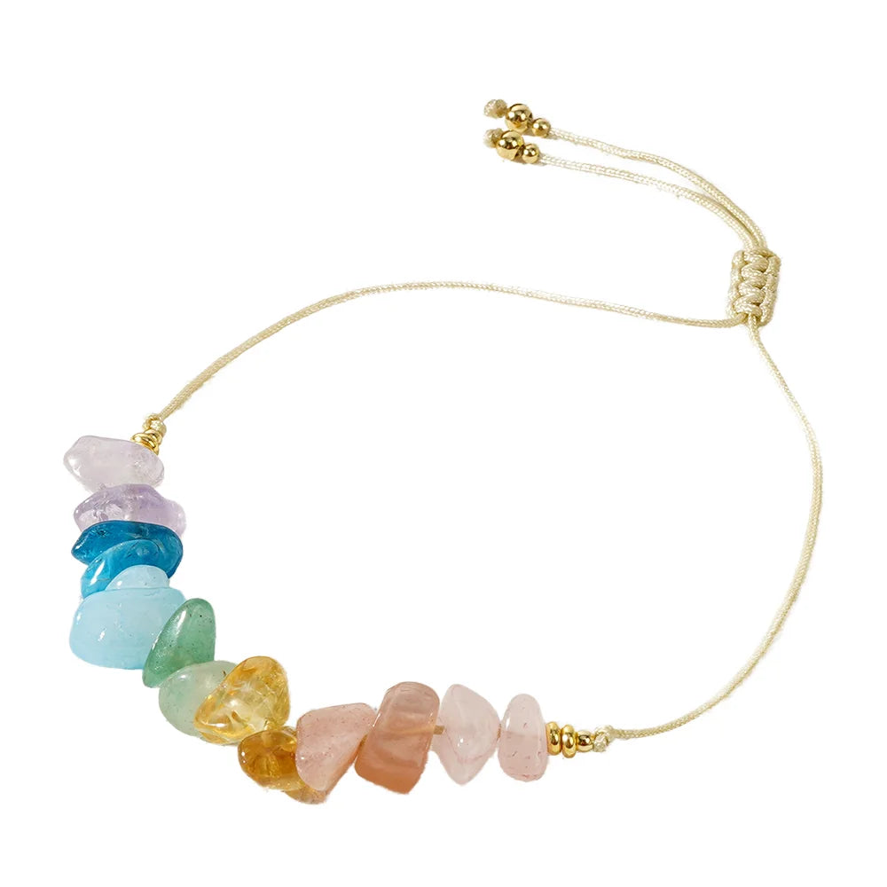 Go2boho Handmade Chakra Healing Bracelet Natural Crystal Gemstone Chips Adjustable Cord Rainbow Energy Jewelry Gift for Women