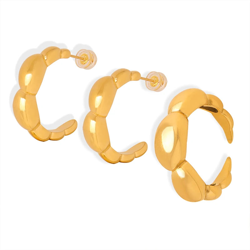 Trendy Luxury 18K Gold Plated Stainless Steel Bamboo C Shaped Hoop Earrings Ring Jewelry Sets for Women Office Matching