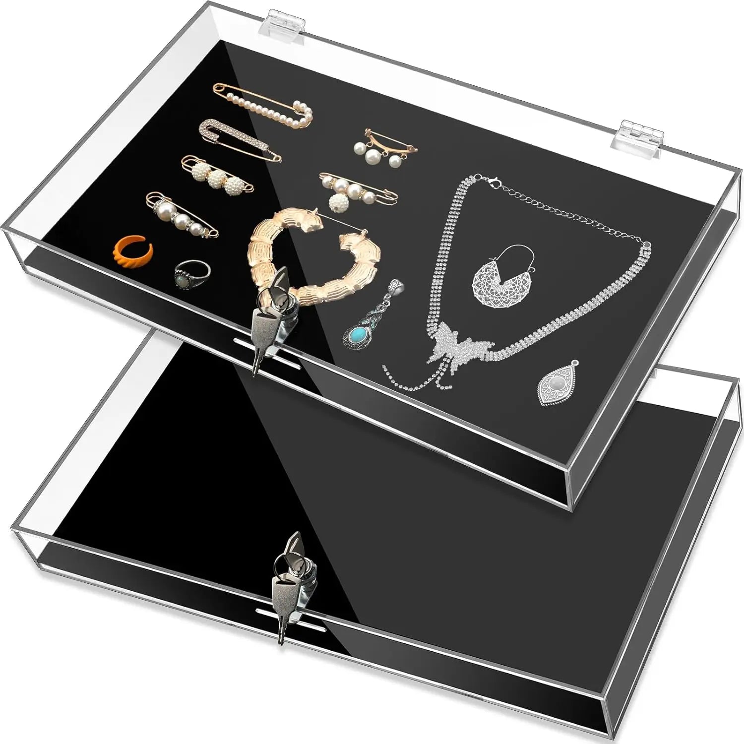 2 Pcs Clear Acrylic Locking Jewelry Display Case Security Showcase Key for Ring Earring Necklace for Trade Shows Retail Display