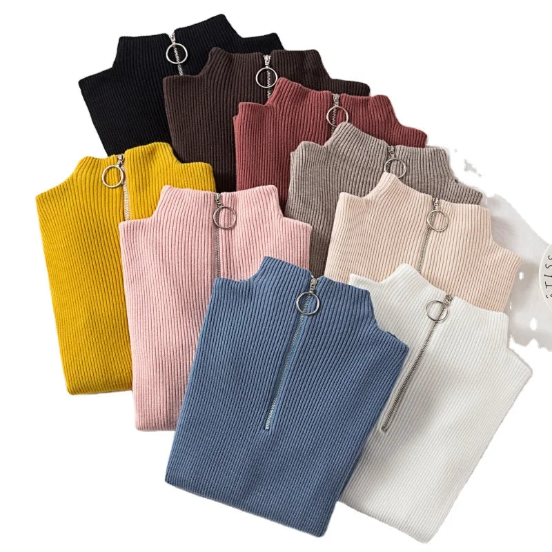 Wholesale Tight Women Long-sleeved Sweater Thin Inner Pullover Knitted Sweater Women's Sweater With Zipper