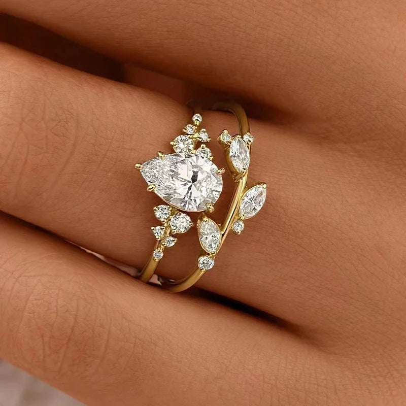 Huitan Hot-Sale Luxury Pear Cubic Zirconia 2set Rings Women Leaf Design Newly Designed Wedding Gold Plated Fashion Jewelry Rings