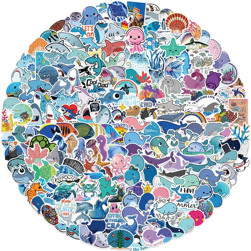 200PCS Cute Mixed Ocean Animal Stickers Kids Adults Waterproof Vinyl Blue Sea Shark Stickers for Water Bottles Scrapbooking