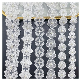 High Quality Luxury Flower Design White Pearl Fabric Lace Trim Ribbon