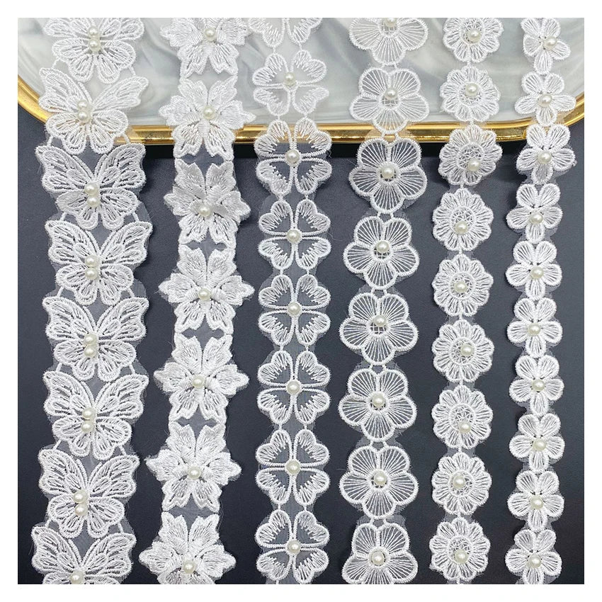 High Quality Luxury Flower Design White Pearl Fabric Lace Trim Ribbon