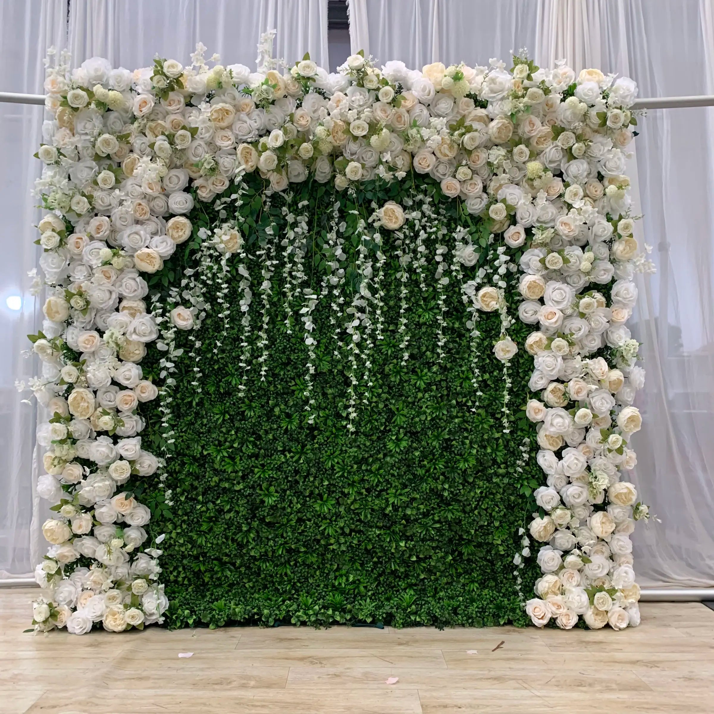 Wholesale Custom White and Green Silk Artificial Decorative Flower Wall Wedding Supplies Decoration Rose Backdrop