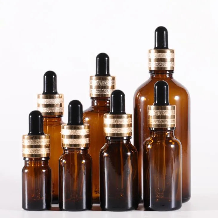 In Stock 5ml 10ml 15ml 20ml 30ml 50ml 100ml Amber Glass Dropper Bottle for Essential Oil With Frosted Gold Dropper