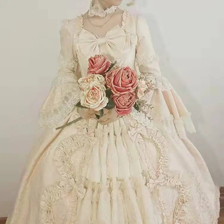 Medieval Palace Sweet Lolita Dress Vintage Lace Bowknot Big Pendulum Victorian Dress Kawaii Girl Gothic Lolita Op Loli Cosplay