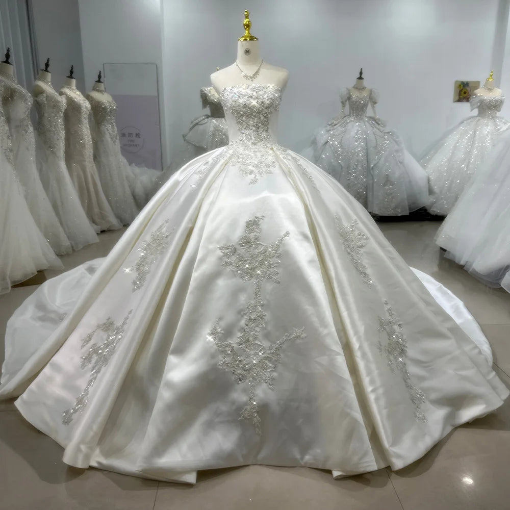 Jancember XS098 Exclusive Strapless Satin Beaded Puffy Bridal Women's Wedding Dresses