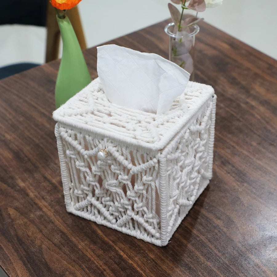 Handmade Boho Decor 100% Cotton Tissue Box Cover & Paper Towel Holder with Macrame Detail for Home Organization
