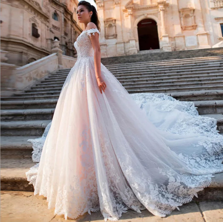 AL1397 2025 Custom Women's Wedding Dress Factory Wholesale Cheap Lace Embroidery Bridal Gown with Crystal & Ruffle Decorations
