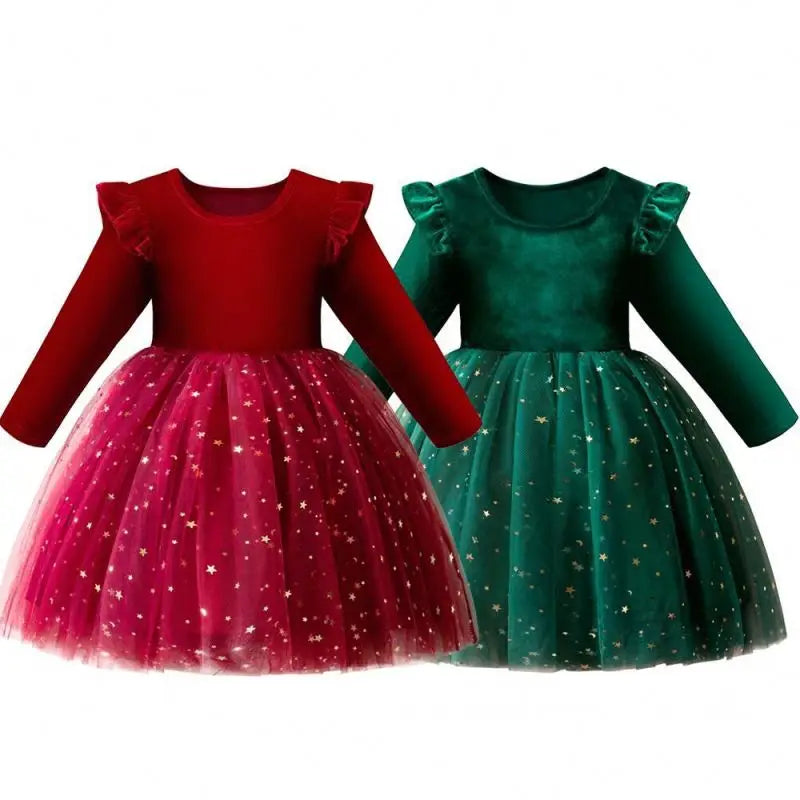 Free Sample Christmas Sequins Dress Kid Winter Long Sleeve Ruffle Tutu Christmas Dresses for Girls