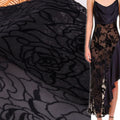 Custom Print Black Velvet Rose Flower Pattern Burnout Mesh Fabric High Quality Floral Sheer Flocked Nylon Tulle Fabric for Dress
