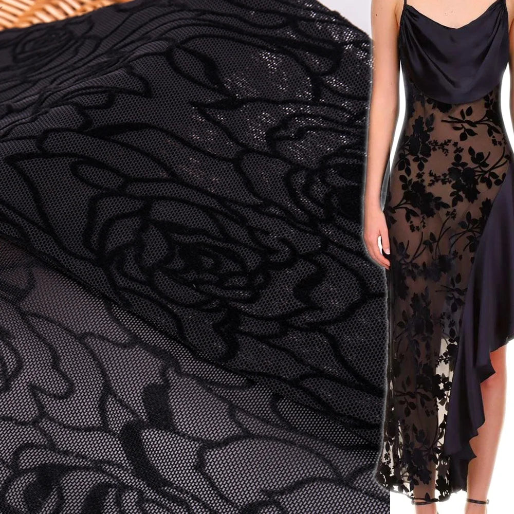 Custom Print Black Velvet Rose Flower Pattern Burnout Mesh Fabric High Quality Floral Sheer Flocked Nylon Tulle Fabric for Dress