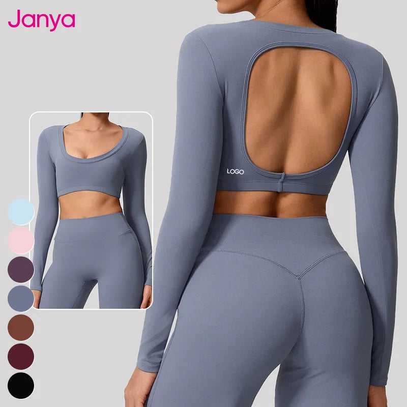 Janya Removable Pads Breathable Elastic Fitness Clothes Hollow Out Backless Sports Top Cropped Long Sleeve Yoga Shirt for Women