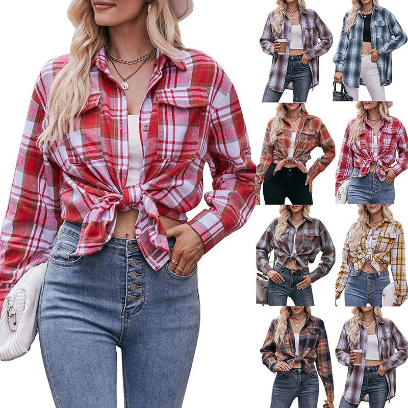 RNSHANGER Spring Ladies Blouses Women Shirt Turn Down Collar Full Sleeve Tops Plaid Y2k Streetwear Elegant Splice Shirts