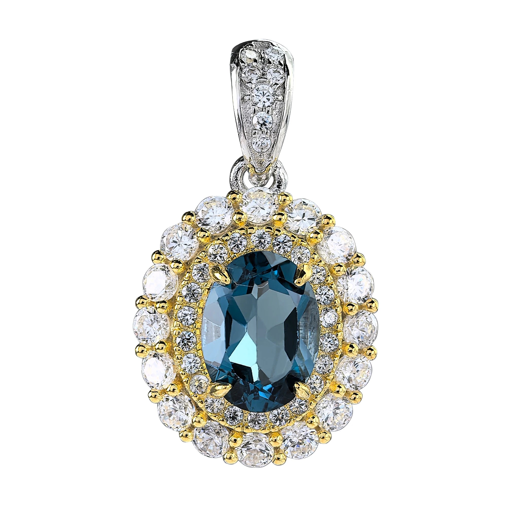 Gorgeous Rhodium and Gold Plated 925 Sterling Silver Natural London Blue Topaz Pendant for Women Fine Pendants