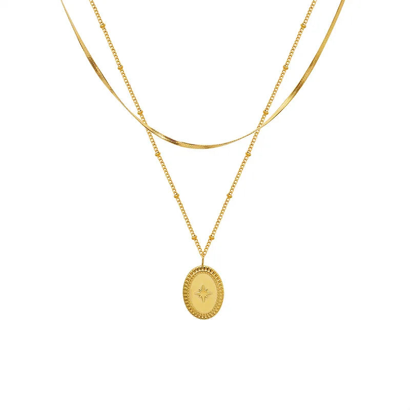 Joolim 18K Gold Plated Double-Layer Beads Herringbone Chain Eight-pointed Star Oval Pendant Necklace Stainless Steel Jewelry