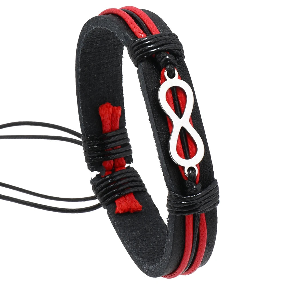 2023 New Design Stainless Steel Infinite Symbol Woven Leather Bracelet Charm Men's Fashion Jewelry