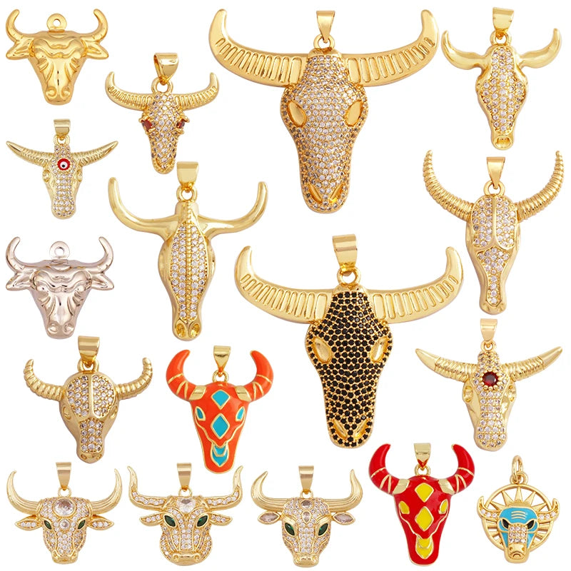 Animal Cow Ox Head Colourful Charm Pendant18K Gold Plated Cubic Zirconia Necklace Bracelet for Jewelry Findings Supplies M62