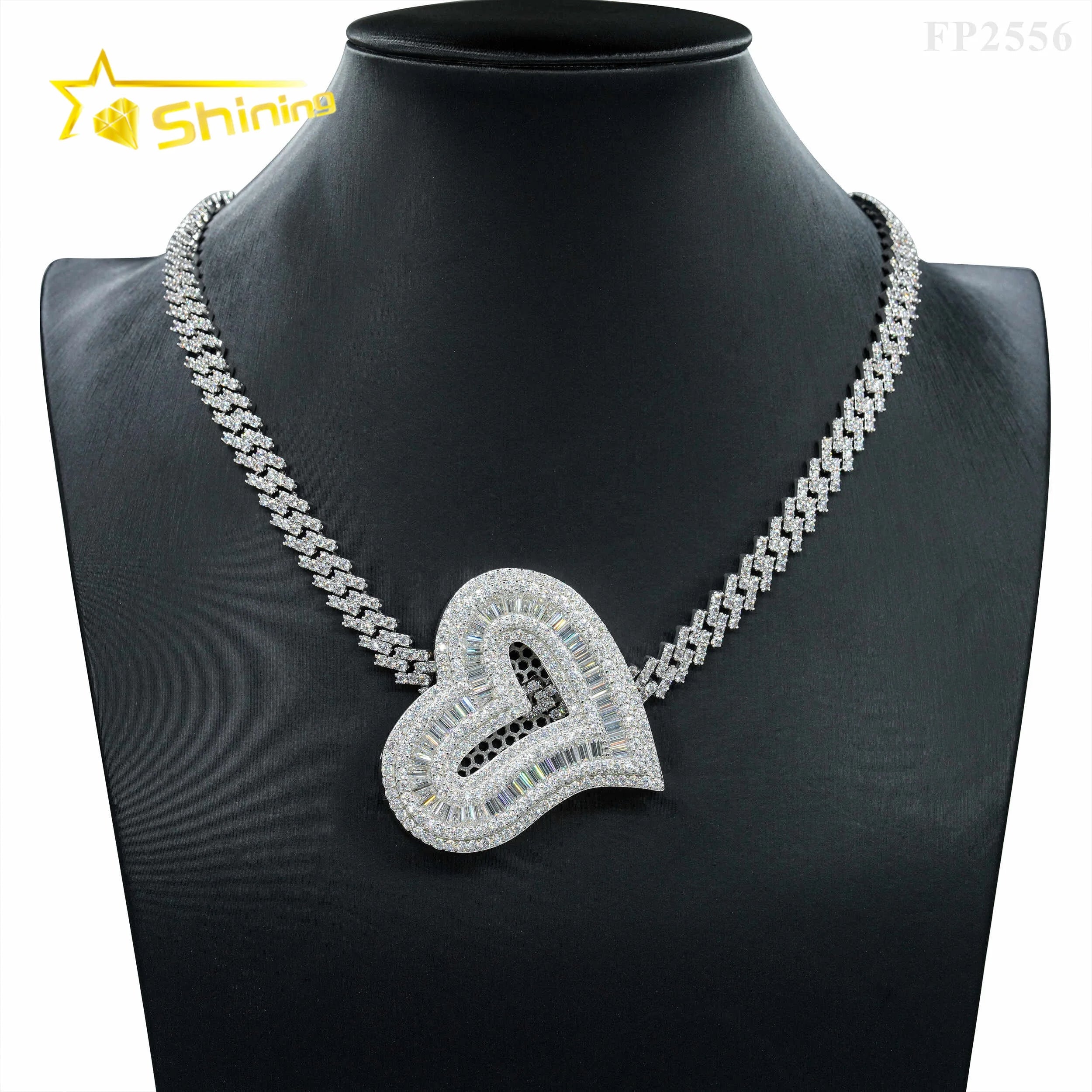 Custom Hip Hop Jewelry Big Heart Charm Baguette Diamond 925 Sterling Silver Iced Out Moissanite Pendant