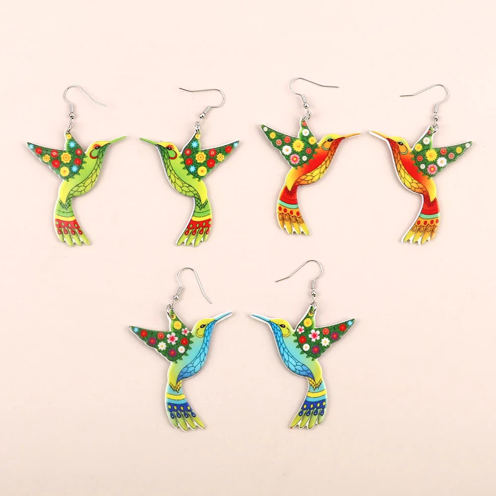 Emerging Designer Mascot Bird Flower Wing Animal Print Unique Hummingbird Colorful Acrylic Drop Earrings for Women