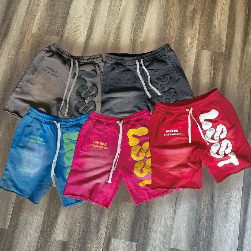 Custom Men's Distressed Vintage Wash Sweat Shorts Elastic Waist Drawstring 100% Cotton Puff Print Acid Wash Shorts