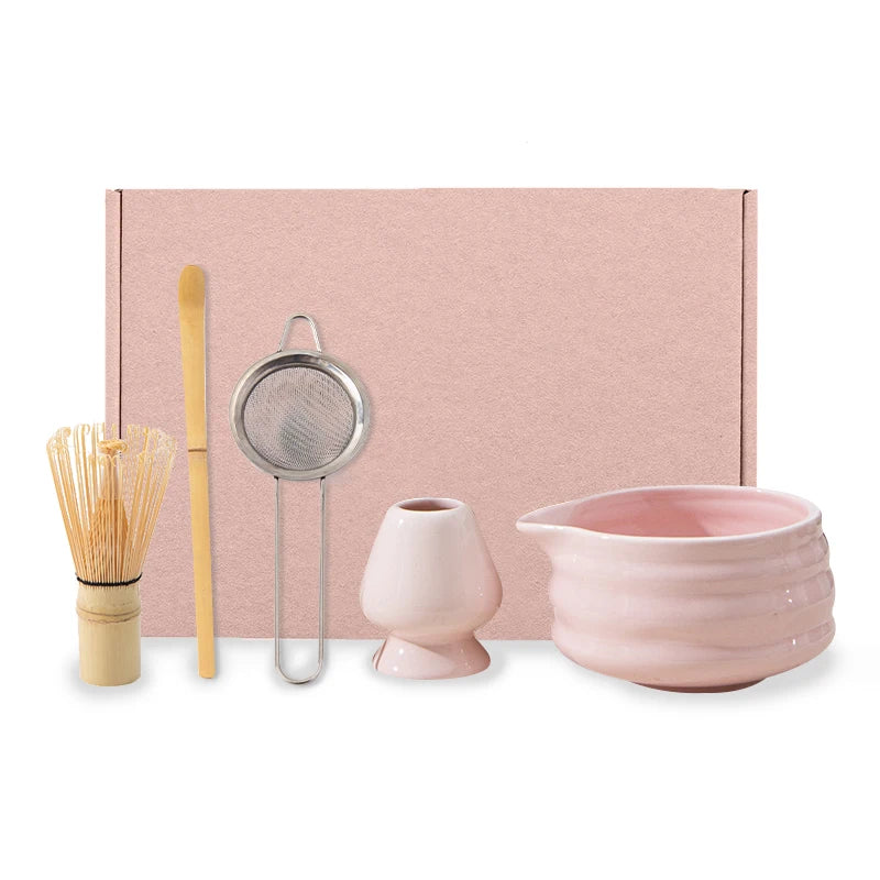 Japanese Pink Matcha Tea Whisk Set with Porcelain Bowl Bamboo Whisk Eco-Friendly Handmade Ceremony Kit Custom Japandi Design