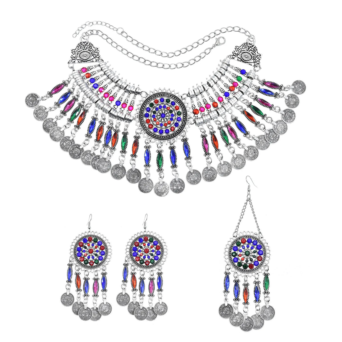 Fashion Bohemian Ethnic Style Coin Headband Necklace Earrings Multi Rhinestone Color Random Indian Jewelry Set