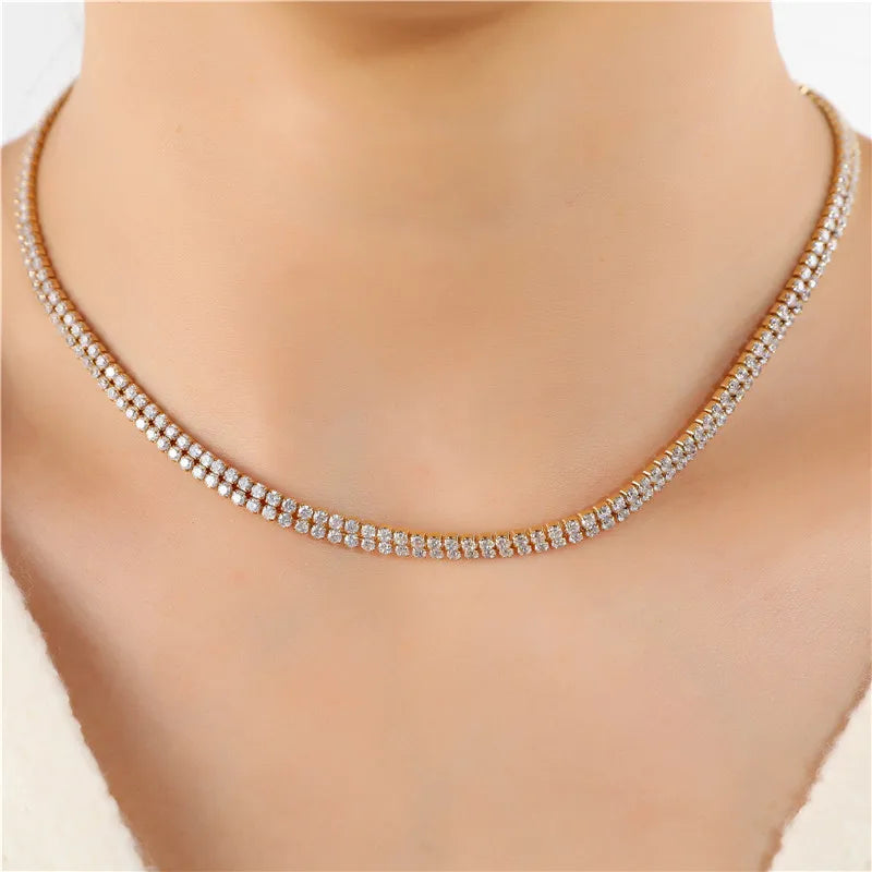 2023 Water Proof Simple Fashion Double Row Rhinestone Stainless Steel Silver Gold Plated Women Necklace